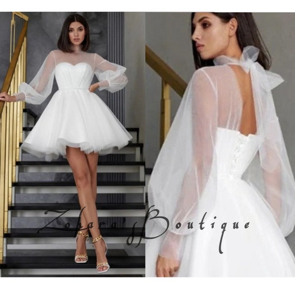 Stunning White Short Wedding Dress A-Line Gown with Long Puff Sleeves and Illusion High Collar for the Modern Sweetie Bridal Collection