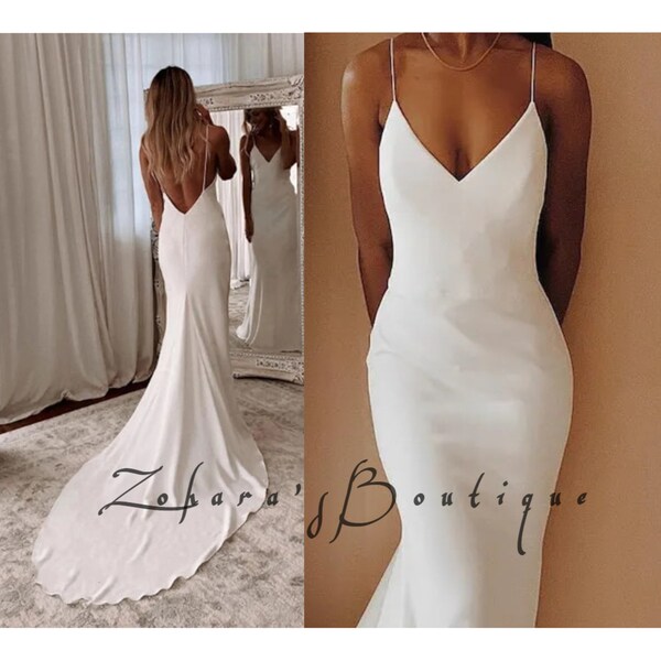 Mermaid V Neck Spaghetti Straps Backless Satin Wedding Dress WW1063