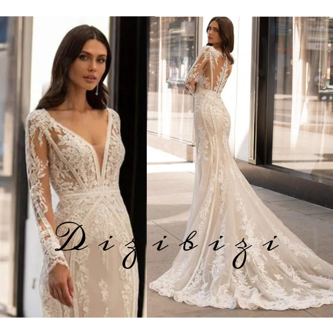 Glamorous Mermaid Wedding Dresses Luxury Lace Appliques Long Sleeves Bridal Gowns main image 1
