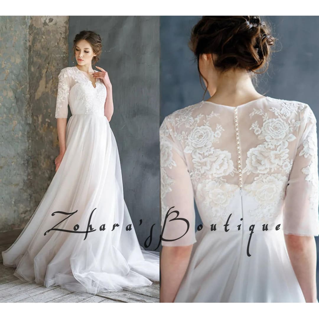 Floor-length A-line Floral Print Bridal Gown With Button Back V-neck ...