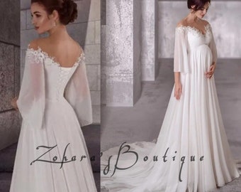 Elegante und einfache Mutterschaft Chiffon Brautkleider: Langarm Boho Brautkleid mit Schleife Zug für schwangere Bräute