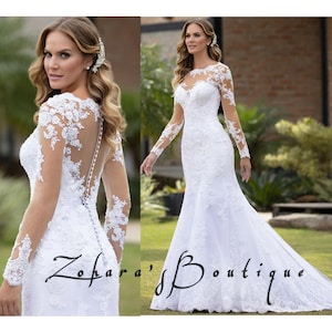 Long Sleeves Lace Beaded Wedding Dresses, Country Wedding Dresses, Long Bridal Gown Long Sleeves Lace Beaded Wedding Dresses, Country Wedding Dresses, Long Bridal Gown