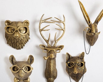 Figurines d'animaux en bronze, tête de cerf en bronze, décoration murale