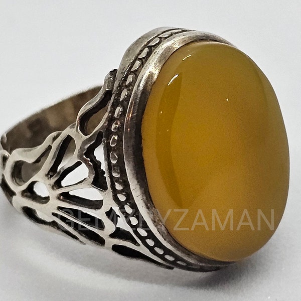 Zard Aqeeq Handmade Ring, 925 Sterling Silver Unique Design Yellow Stone Ring,  Natural Birthstone Ring, Islamic Jewelry, Cool Rings