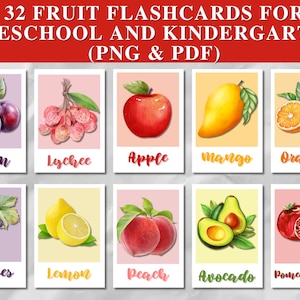 32 Fruit Cards for Toddlers, Printable Fruits Flashcards Watercolor,Montessori Flashcards, Educational Learning Cards, Classroom Materials