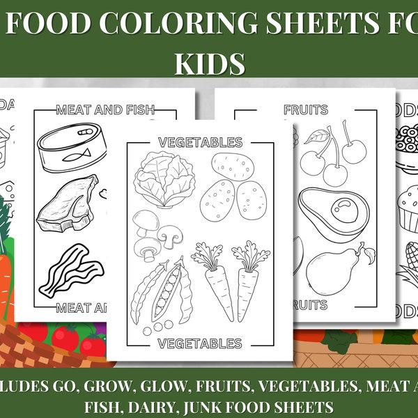 14 Page Printable Food Coloring Sheets For Toddlers--Fun Learning Activity for Kids about Food Groups-- Easy to Download 8.5x11 and A4 Sizes