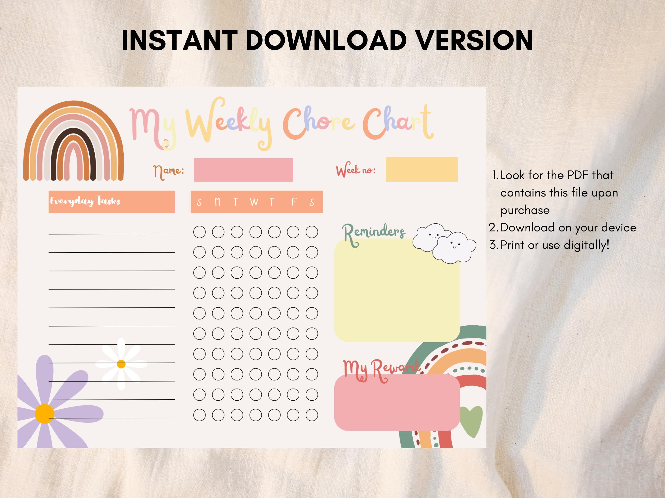 Rainbow and Flower Weekly Chore Chart for Kids Reward Chart Printable ...