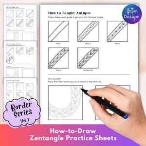 May include: A white instructional practice sheet titled How to Tangle: Antique, featuring black line drawings in square boxes that demonstrate step-by-step drawing techniques for creating a decorative border pattern with leaves and vines.