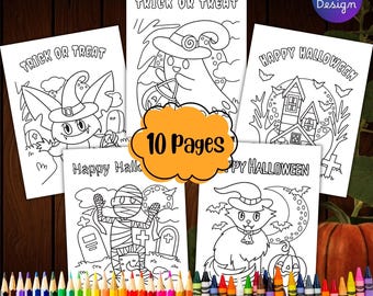 May include: A set of 10 printable Halloween coloring pages featuring black and white line art of a ghost, a vampire, a haunted house, a mummy, and a cat. The pages include text such as Trick or Treat and Happy Halloween, with a row of colored pencils.