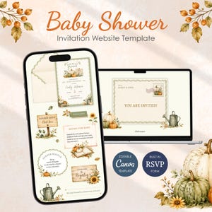 May include: A digital baby shower invitation website template displayed on a smartphone and laptop screen. The design features watercolor pumpkins, sunflowers, and garden elements with text including Baby Shower, RSVP, and Registry.