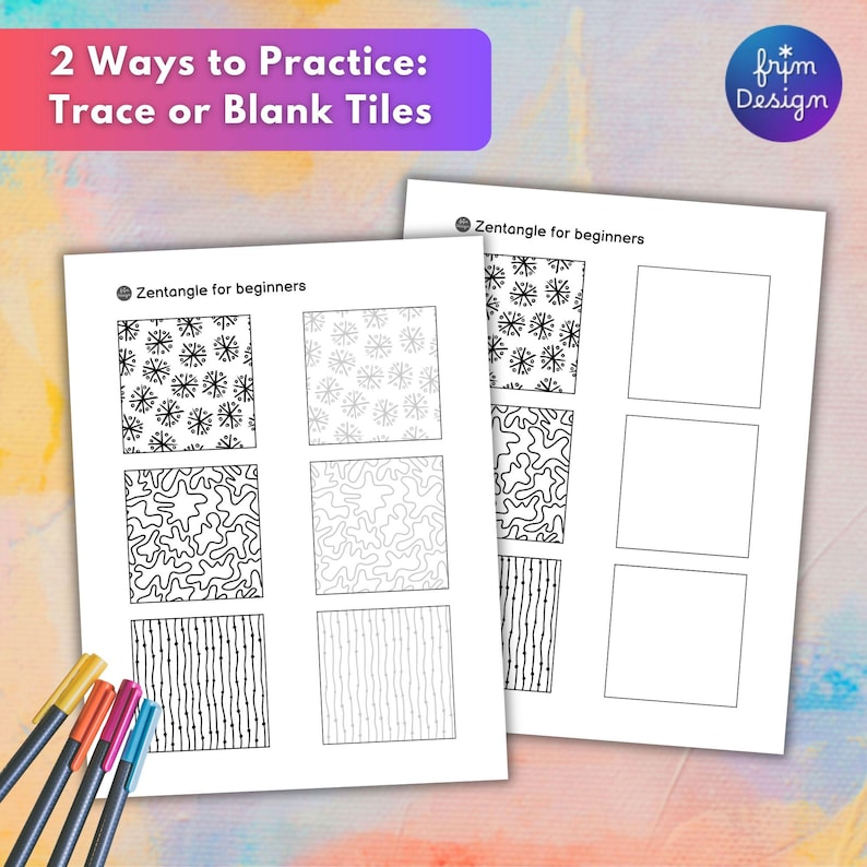 two printable zentangle practice pages. The first one features example pattens with tracing guides and the second one with blank tiles. Text banner “2 ways to practice: trace or blank tiles”.