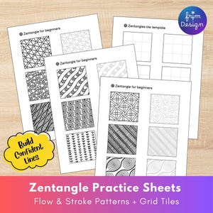 May include: A collection of Zentangle practice sheets with various patterns and grid tiles. The sheets feature geometric designs, including lines, circles, and other shapes, perfect for beginners. The text on the sheets reads "Zentangle for beginners" and "Zentangles tile template".