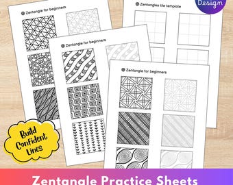 Puede incluir: Un conjunto de hojas de práctica de Zentangle con varios patrones y mosaicos de cuadrícula. Las hojas presentan diseños geométricos, incluyendo líneas, círculos y otras formas, perfectas para principiantes. El texto en las hojas dice "Zentangle for beginners" y "Zentangles tile template".