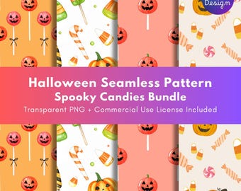Paquete de papeles digitales de Halloween, patrones sin costuras de calabazas y caramelos en tonos pastel, lindos fondos PNG espeluznantes.