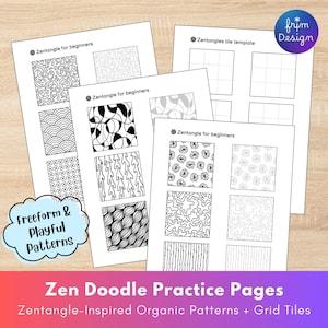 May include: A collection of white paper sheets featuring Zentangle patterns and grid templates. The sheets display various black and white organic designs, with the text "Zentangle for beginners" and "Zen Doodle Practice Pages". A blue and purple logo is in the top right corner.