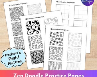 Zen Doodle Practice Pages | Zentangle-Inspired Organic Patterns with Grid Tiles, Printable PDF