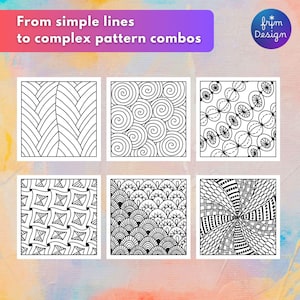 6 zentangle patterns showing variety of the zentangle bundle, from simple lines to complex pattern combos.