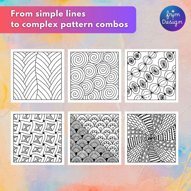 6 zentangle patterns showing variety of the zentangle bundle, from simple lines to complex pattern combos.