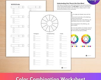 May include: A stack of white worksheets with color theory diagrams and exercises. The worksheets include a color wheel, color combination examples, and a 60-30-10 ratio guide. The text on the worksheets reads "Color Combination Worksheet".