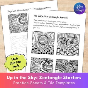 Könnte beinhalten: Zwei weiße Blätter mit Zentangle-Startervorlagen. Das obere Blatt hat ein Mond- und Sterndesign, während das untere Blatt Sonnen-, Stern- und Monddesigns aufweist. Der Text enthält "Up in the Sky: Zentangle Starters" und "With starting guide".