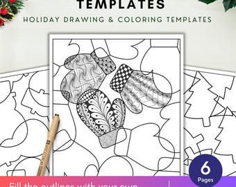 Könnte beinhalten: Zentangle-Vorlagen mit weihnachtlichen Zeichen- und Ausmalvorlagen mit schwarz-weißen Umrissen von Fäustlingen und Bäumen. Das Set enthält 6 Seiten mit druckbaren PDF-Designs für kreative Muster. Ein beiger Zeichenstift liegt auf dem Papier.