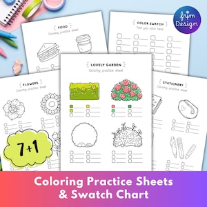 May include: A set of colouring practice sheets featuring themes like Food, Colour Swatch, Lovely Garden, Flowers, and Stationery. The pages include black and white line art illustrations, colourable garden elements, and checkboxes for testing colours.