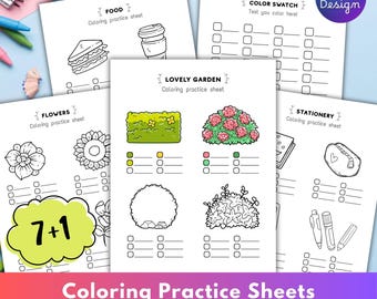 May include: A set of coloring practice sheets featuring themes like Food, Color Swatch, Lovely Garden, Flowers, and Stationery. The pages include black and white line art illustrations, colorable garden elements, and checkboxes for testing colors.