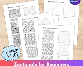 May include: A collection of white paper sheets with black Zentangle patterns and grid templates. The sheets are labeled "Zentangle for beginners" and "Zentangle tile template". A "starter kit (C)" graphic is also present. The bottom of the image reads "Zentangle for Beginners Easy Tracing Sheets & Grid Templates."