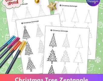 Könnte beinhalten: Eine Sammlung von Weihnachts-Zentangle-Malvorlagen mit verschiedenen Baumdesigns, zusammen mit farbigen Markern. Das Bild zeigt den Text "Christmas Tree Zentangle" und "Instant Download Doodle Tracing + Free Style Pages."
