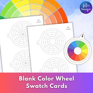 以下が含まれることがあります： 48色と60色の印刷可能な空白の色見本チャート。テンプレートは、中央に小さな円がある円形です。各円の頂上には小さな穴があります。テンプレートは白い紙に印刷されています。背景にはカラフルな色見本チャートがあります。