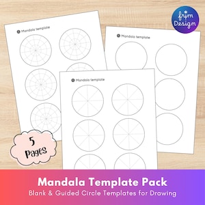 May include: A stack of white paper sheets with mandala templates. Each sheet has multiple circles with different line patterns. The text "Mandala Template Pack" and "Blank & Guided Circle Templates for Drawing" is visible.