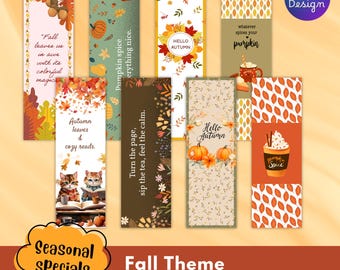 May include: A collection of fall-themed printable bookmarks. Designs include autumn leaves, pumpkins, and seasonal phrases like "Hello Autumn" and "Pumpkin Spice." The bookmarks are in various colors, including orange, brown, and green.