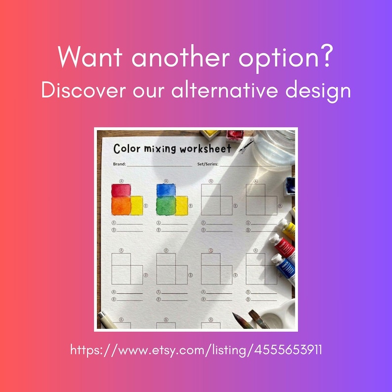 May include: A white paper color mixing worksheet with the text 'Color mixing worksheet' at the top. The sheet features rows of empty square grids for paint swatches, with some squares filled in with red, orange, blue, green, and yellow watercolor.