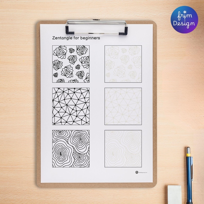 A clipboard holds a Zentangle for beginners worksheet. The worksheet features six square patterns, three on the left in black and white, and three in light gray for tracing on the right side. A blue pen and white eraser are on the wooden surface.