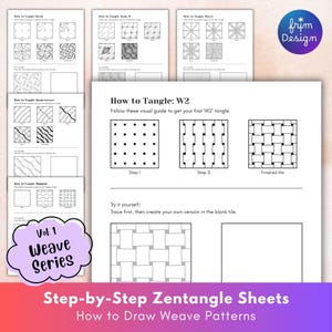 Puede incluir: Hojas de Zentangle paso a paso con instrucciones sobre cómo dibujar patrones de tejido. Las páginas presentan varios diseños de tejido, incluida una guía visual para el enredo 'W2'. La imagen incluye el texto "Vol. 1 Weave Series".