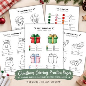 May include: A set of Christmas coloring practice pages featuring black and white line art of wreaths, gift bags, and holly leaves. The sheets include color swatch test areas and illustrations of colored gift boxes with bows and ribbons.