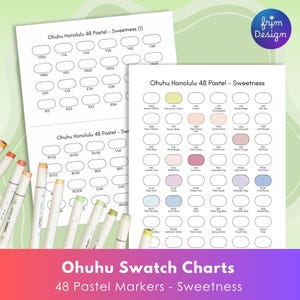 May include: Two white sheets display color swatches for Ohuhu Honolulu 48 Pastel markers. Each swatch is labeled with a color name and code. The markers are arranged in rows and columns, with a variety of pastel shades. The image includes the text "Ohuhu Swatch Charts 48 Pastel Markers - Sweetness."