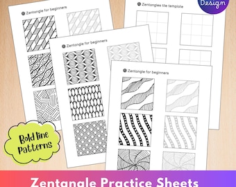 Könnte beinhalten: Zentangle-Übungsblätter mit verschiedenen Mustern und Rasterkacheln. Die Blätter zeigen fettgedruckte Linienmuster und den Text "Zentangle for beginners" und "Zentangles tile template". Das Design enthält den Text "Zentangle Practice Sheets" und "Easy-to-Trace Patterns + Grid Tiles".