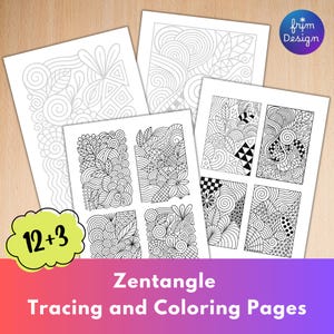 Op de afbeelding: Een verzameling Zentangle traceer- en kleurpagina's. De pagina's bevatten ingewikkelde zwart-wit ontwerpen met geometrische vormen, bloempatronen en abstracte krullen. De afbeelding bevat de tekst "12+3" en "Zentangle Tracing and Coloring Pages".
