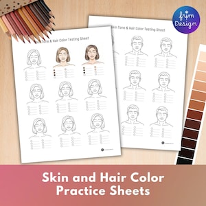 肌の色と髪の色の組み合わせの練習シート - アーティスト向けの男性と女性の顔のテンプレート、キャラクターの塗り絵テストページ（印刷可能なPDF）