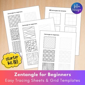 Puede incluir: Hojas para principiantes de Zentangle con patrones en blanco y negro, incluyendo formas geométricas y espirales. Las hojas están etiquetadas como "Zentangle for beginners" y "Zentangles tile template". Una pegatina amarilla dice "starter kit (B)".