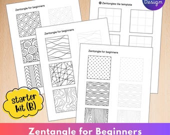 May include: A collection of white Zentangle practice sheets with various black pattern designs. The sheets are labeled "Zentangle for beginners" and "Zentangles tile template." A yellow speech bubble reads "starter kit (B)." The bottom of the image reads "Zentangle for Beginners Easy Tracing Sheets & Grid Templates."