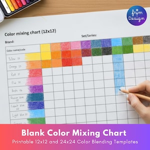 May include: A blank colour mixing chart with a grid of squares, labelled with colour names and codes. The chart is being coloured with a blue pencil. The text "Blank Colour Mixing Chart" is at the bottom.
