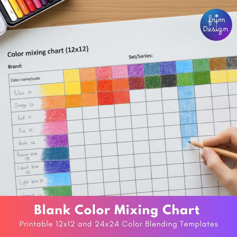 A sheet of grid table with title "Color mixing chart (12x12) on wooden table. The left column is filled with colors and color names are written accordingly. The horizontal axis is also colored in exact same order. Where two colors intersect, a new hue is created.