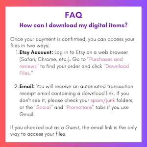 K&ouml;nnte beinhalten: Eine wei&szlig;e Infografik mit einem violetten Verlaufsrand mit dem Titel FAQ How can I download my digital items? Sie erkl&auml;rt zwei Methoden f&uuml;r den Dateizugriff: die Anmeldung bei einem Etsy-Konto &uuml;ber einen Browser oder eine automatisierte E-Mail.