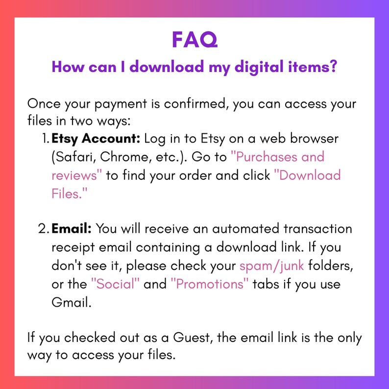 K&ouml;nnte beinhalten: Eine wei&szlig;e Infografik mit einem violetten Verlaufsrand mit dem Titel FAQ How can I download my digital items? Sie erkl&auml;rt zwei Methoden f&uuml;r den Dateizugriff: die Anmeldung bei einem Etsy-Konto &uuml;ber einen Browser oder eine automatisierte E-Mail.