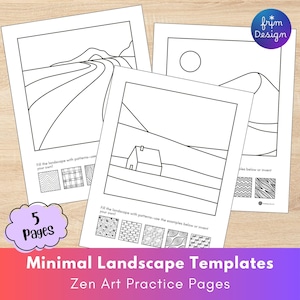 Pode incluir: Três modelos de paisagens minimalistas em preto e branco com um design de estrada, sol e casa. O texto na imagem diz "Minimal Landscape Templates" e "Zen Art Practice Pages". Um círculo roxo com "frim Design" está no canto superior direito.