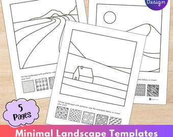 May include: Three white sheets of paper featuring black line art landscape templates for coloring. Each page includes a scene with hills, a house, or a sun, along with small boxes showing pattern examples and the text Fill the landscape with patterns.