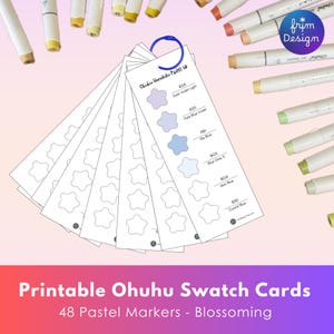 Ohuhu パステル 48色 スウォッチカード（カラーコードと色名があらかじめ記入されています）| アルコールマーカー用ミニスウォッチファン、印刷可能なかわいい塗り絵チャート