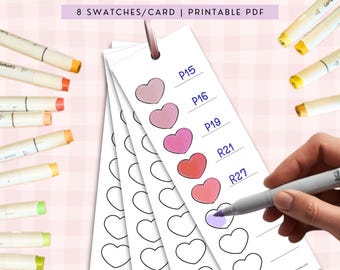 May include: A set of white rectangular swatch cards featuring eight heart-shaped outlines each, with text reading BLANK SWATCH CARDS and 8 SWATCHES/CARD | PRINTABLE PDF. Some hearts are colored in shades of pink and red with labels like P15, P16, P19, R21, and R27.